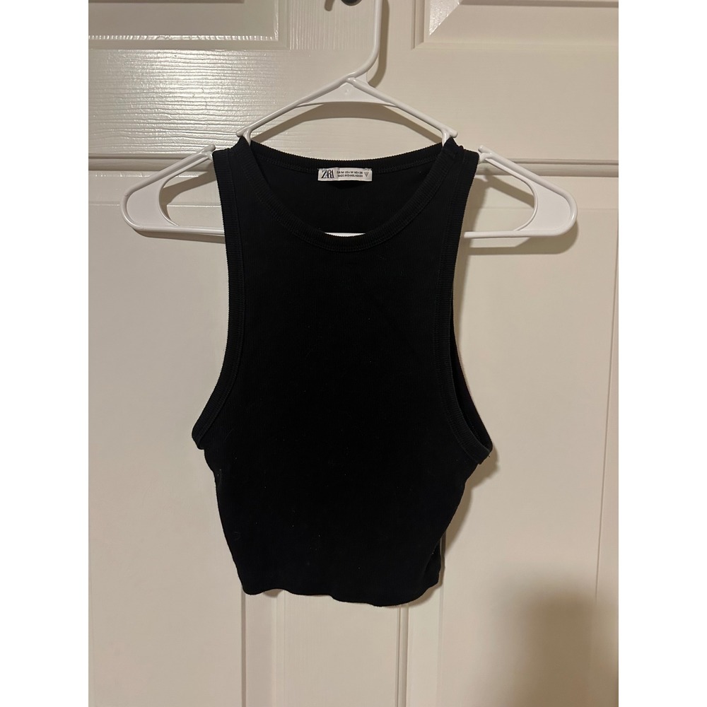 Zara Tank Top Women Medium Black Ribbed Knit Cropped High Neck Sleeveless